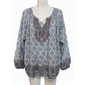Sundance Blue Pattern Blouse Large Boho Knit Oversized